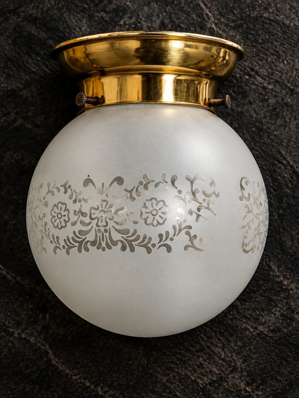 Vintage MCM Mis Century Ceiling Light Frosted Glass Globe Shade Floral Brass